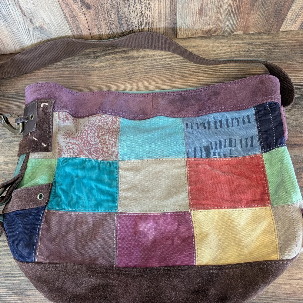 Lucky Brand Oversized Patchwork Suede Canvas Tote Vintage Adjustable Purse Bag - Picture 4 of 15